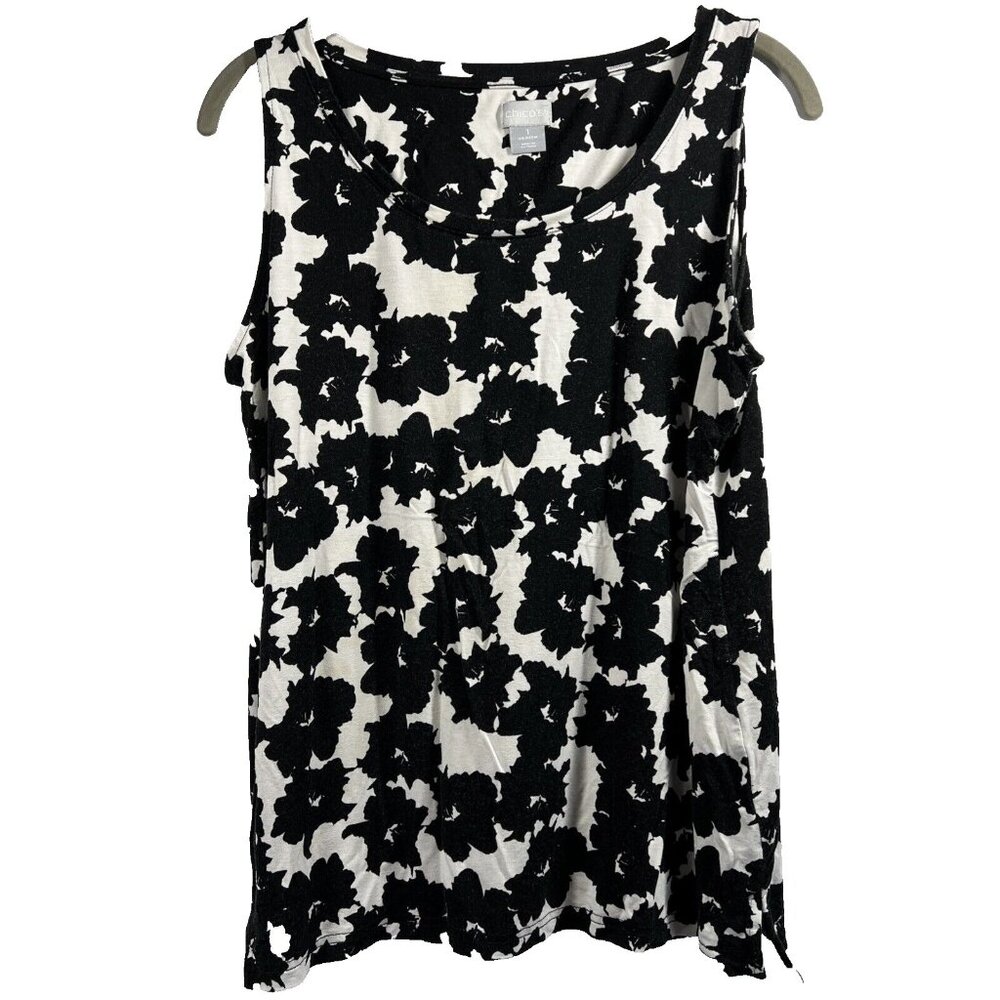 Chicos Women's Tank Top Size Medium Black White‎ Floral Sleeveless Pullover